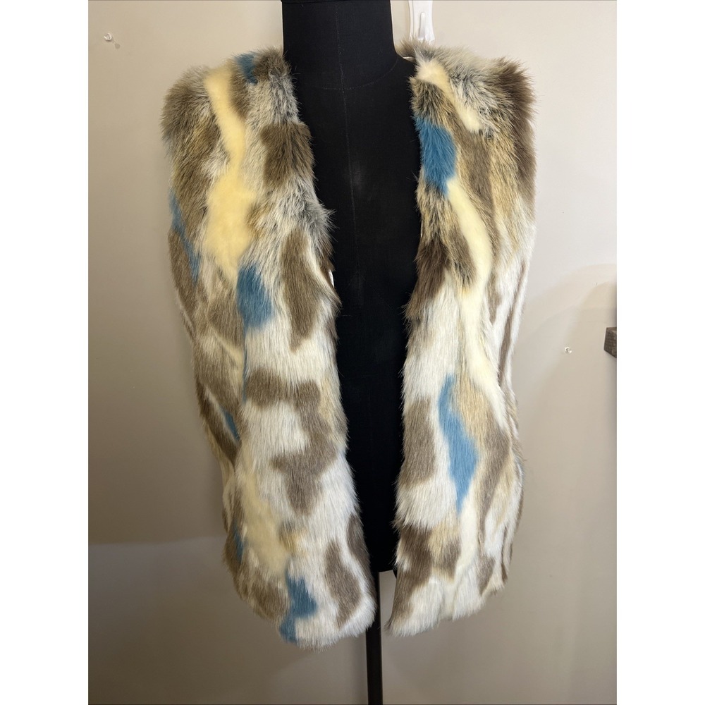 Women's Faux Fur Vest Tan Cream Teal Boho Festival Retro Hippie Size XX-Large